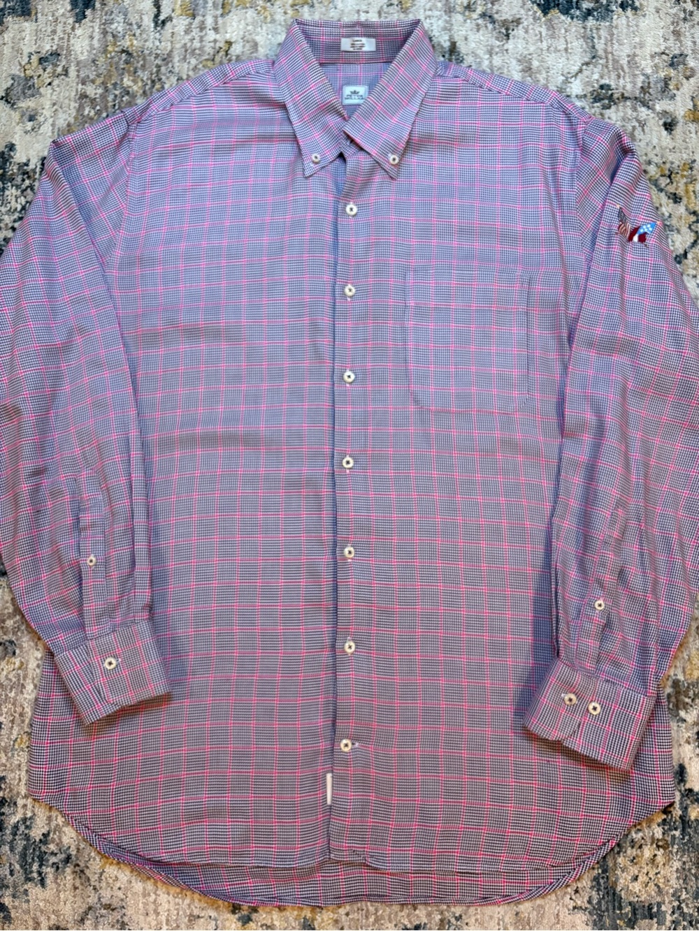 Peter Millar Shirt Men L Large Pink Blue Plaid Cotton Button Down Ohio Flag Logo